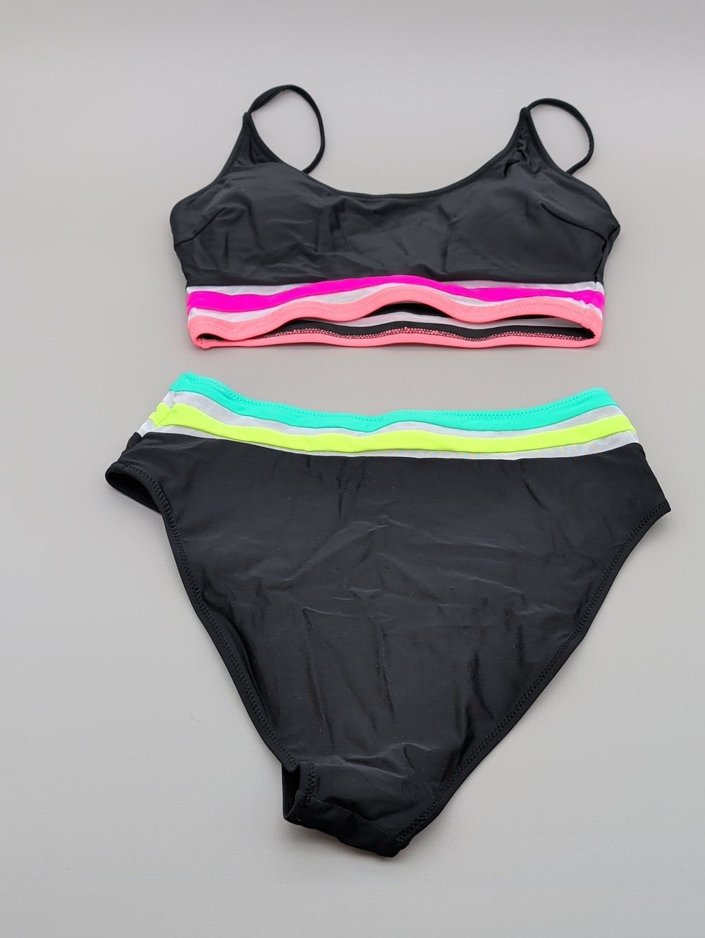 Popvil Black Neon Striped High Waisted 2 Piece Bikini Set Padded NWOT Medium